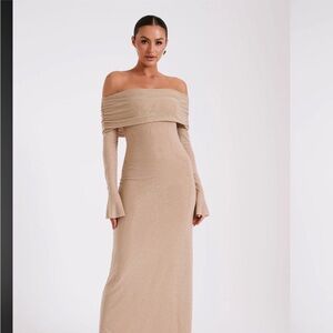 MESHKI Marcel Off Shoulder Diamante Maxi Dress - Nude (retail $185) in S